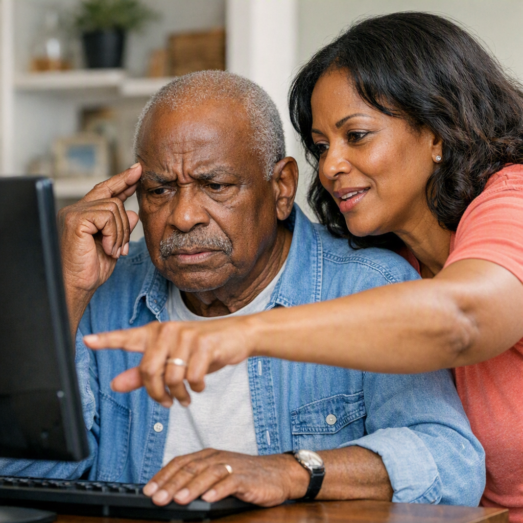 Child helping a puzzled parent